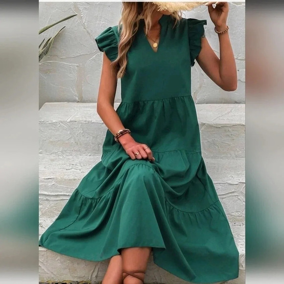 Notched Neckline Ruffle Trim Smock Dress - Picture 2 of 6